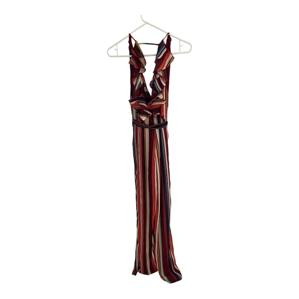Luxxel Striped Ruffle V-Neck Maxi Dress Multi-Color Metallic Detail‎ Small - Picture 5 of 6